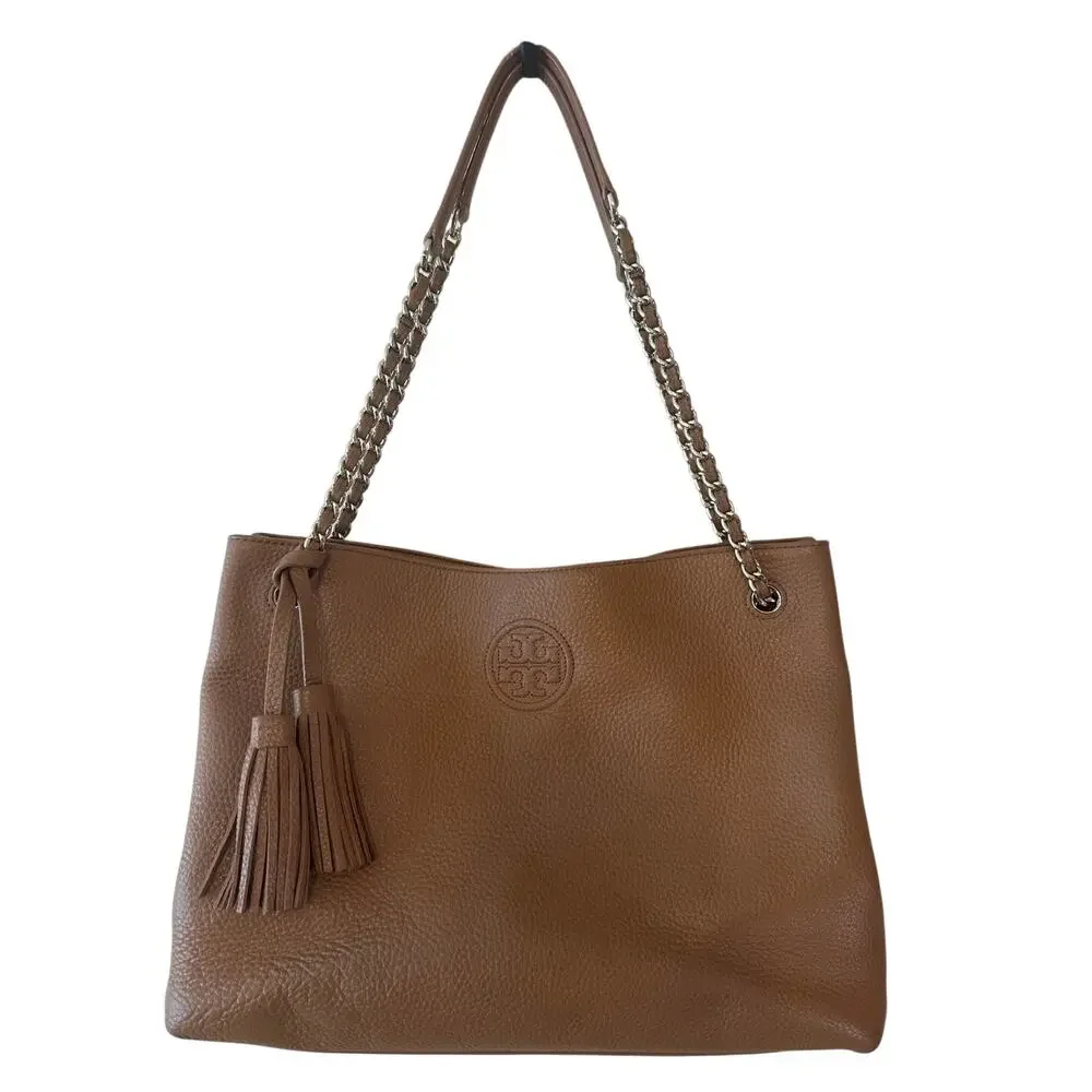 Tory Burch Pebbled Leather Chain Tote Brown Camel Slouchy Bag